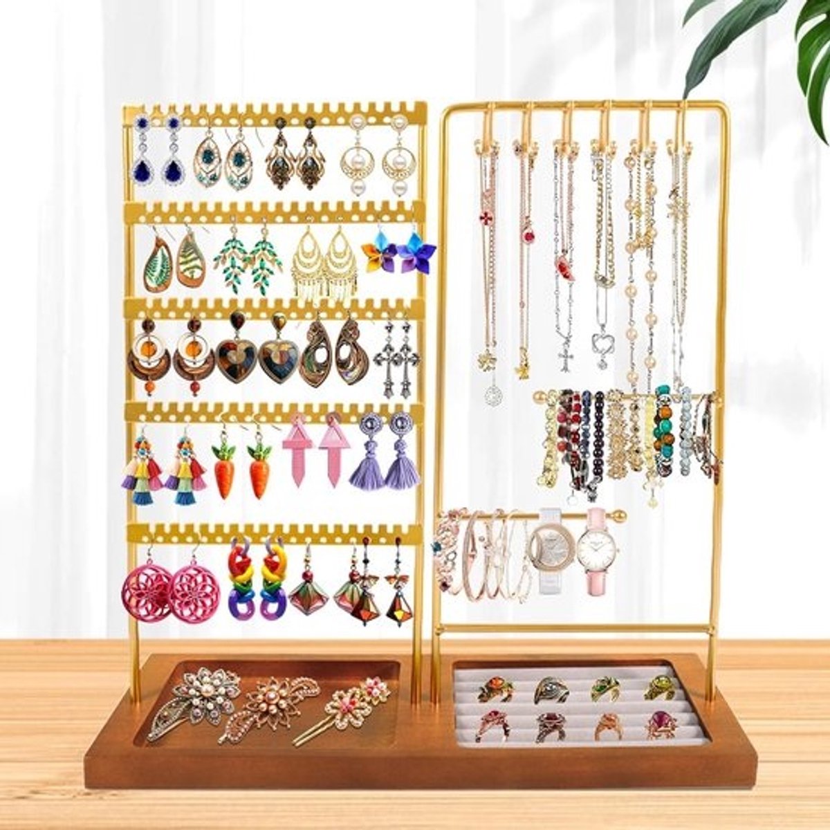 Sieradenstandaard met Pluche Belede Plaat en Metaalframe - Lichtgoud Sieraden Organizer voor Kettingen, Armbanden, Oorbellen en Ringen