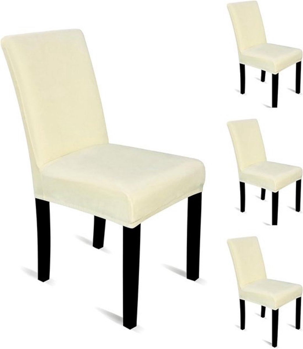 4x Luxe Fluweel Stoelhoezen Ivoor - Rekbaar en Wasbaar voor Eetkamerstoelen