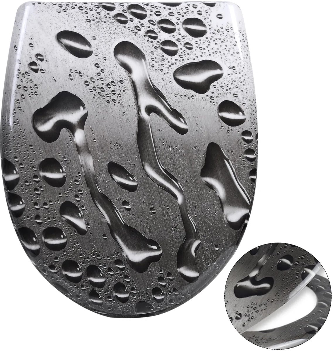 Klarven® Toiletbril Softclose Grijs dauw druppels - Stille sluiting, Gemakkelijk schoon te maken, Draagvermogen 150 kg - O-vorm B 45,5 x D 37,1 cm