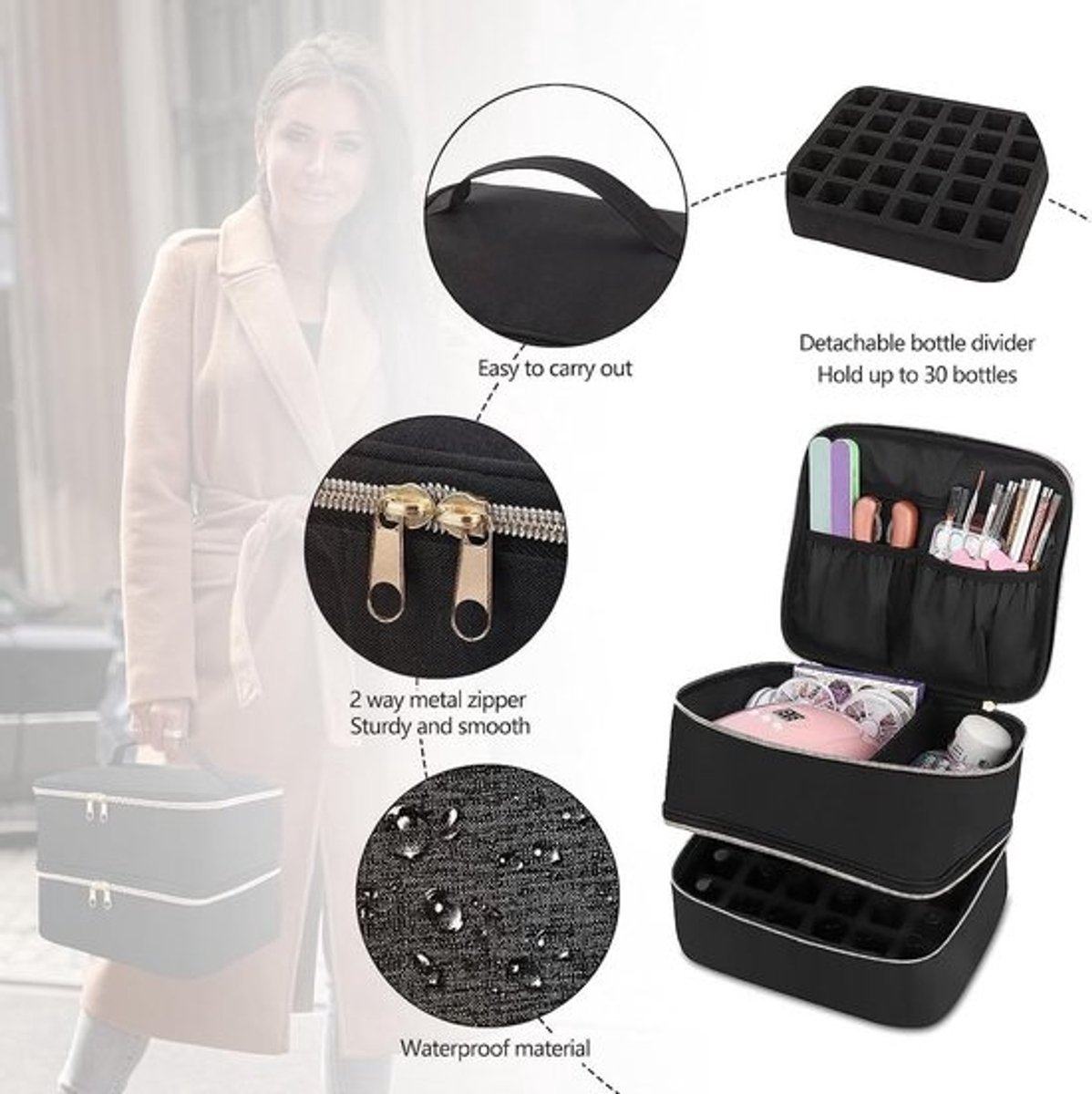 Nagellak Opbergtas - Make-up Koffer - Manicure Benodigdheden - Dubbellaags Ontwerp - Tot 50 Flesjes - Zwart