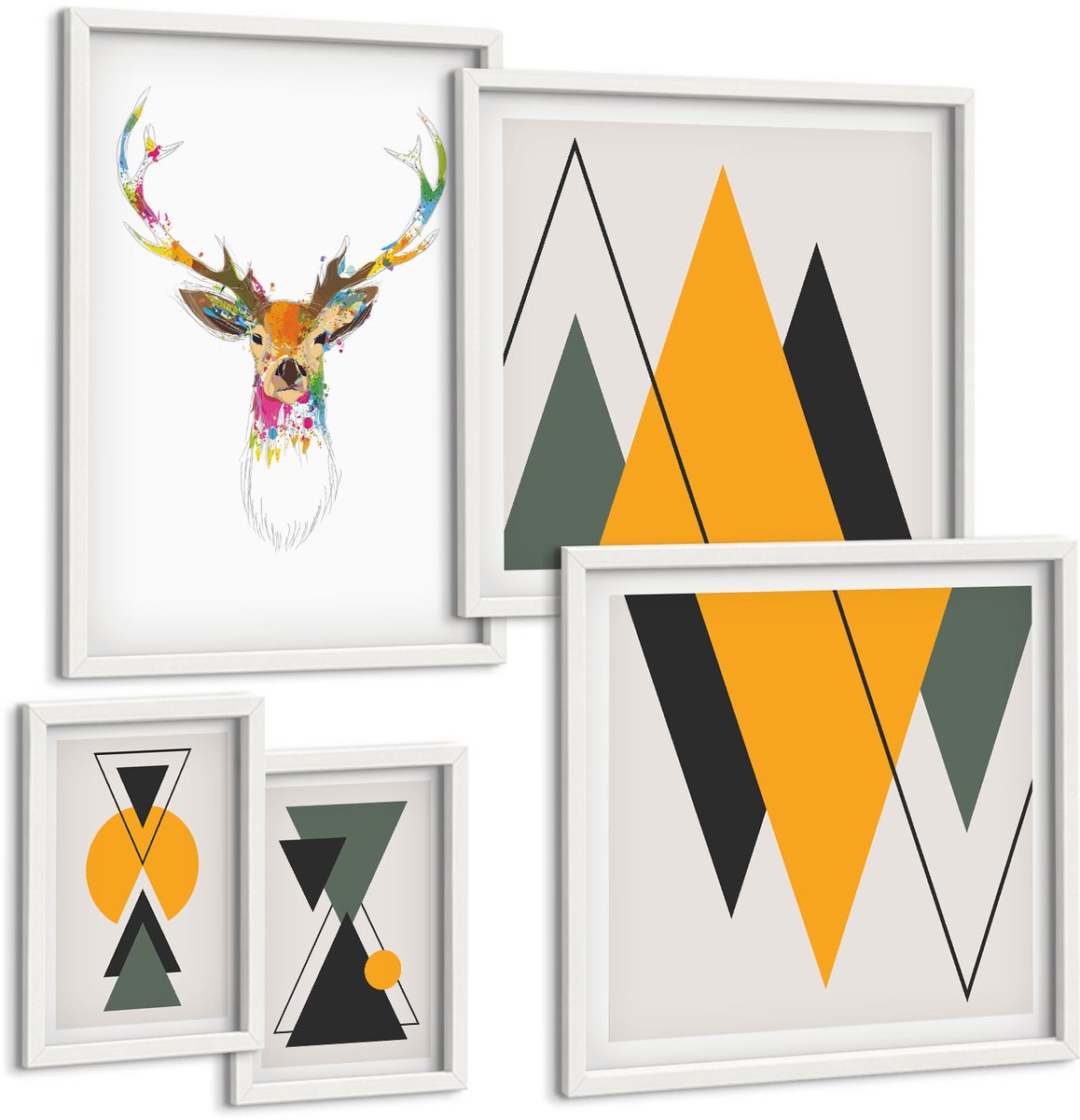 Wallfluent 5-Delige Schilderij Set - Boho-Stijl Met Kleurrijke Dieren- En Geometrische Motieven. - 50 x 50 cm, 20 x 30 cm En 40 x 60 cm - Muurdecoratie - Interieur Decoratie - Moderne Wanddecoratie