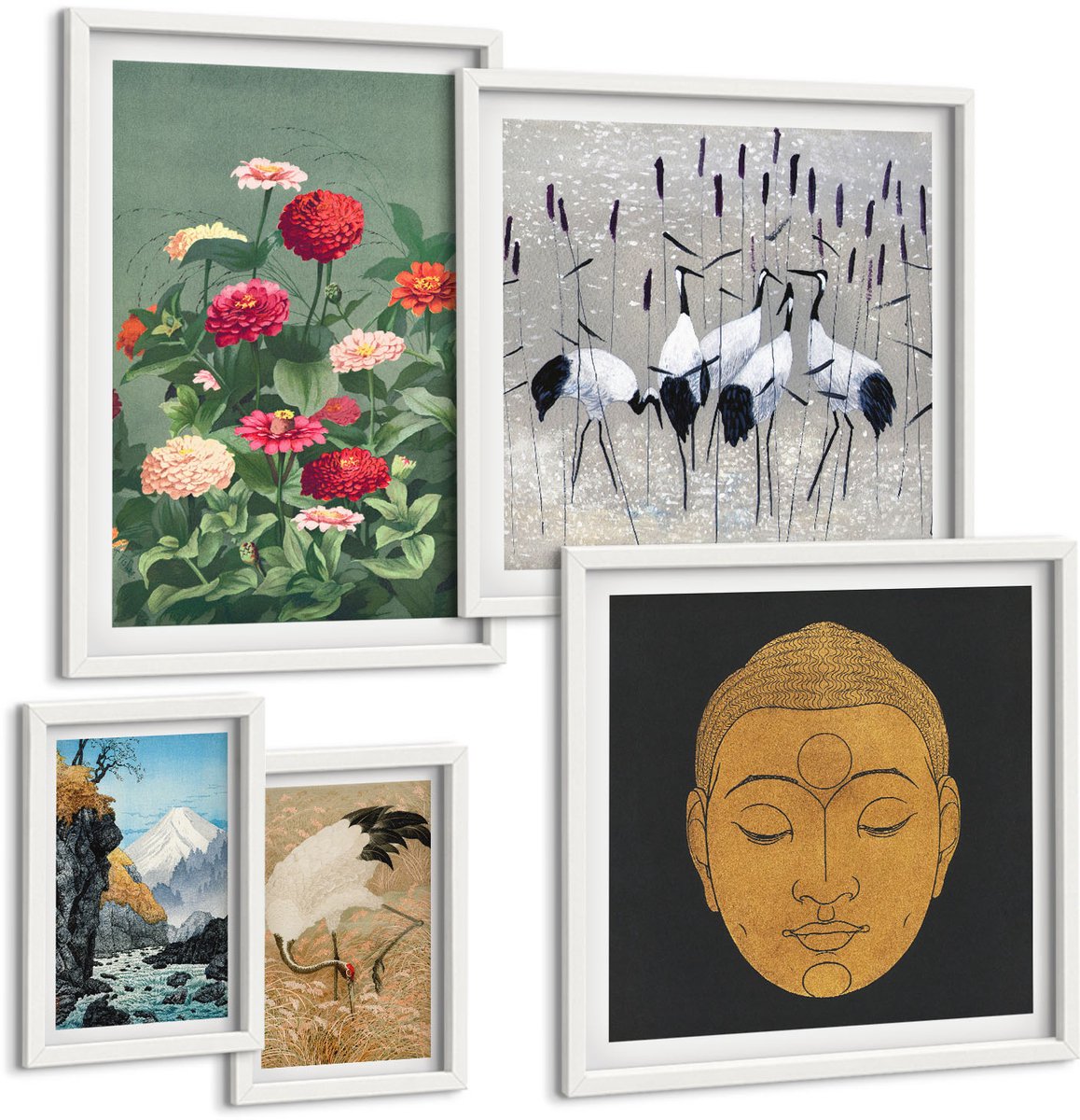 Wallfluent 5-Delige Schilderij Set - Aziatische Landschappen Met Bloemen En Boeddhistische Symboliek - 50 x 50 cm, 20 x 30 cm En 40 x 60 cm - Muurdecoratie - Interieur Decoratie - Stijlvolle Muurdecoratie