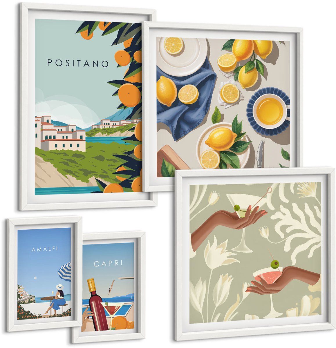 Wallfluent 5-Delige Schilderij Set - Vakantie In Italië: Uitzichten Op Amalfi En Capri - 50 x 50 cm, 20 x 30 cm En 40 x 60 cm - Wanddecoratie - Muurdecoratie - Moderne Interieurdecoratie