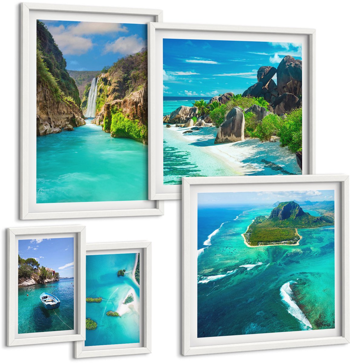Wallfluent 5-Delige Schilderij Set - Tropische Landschappen Met Watervallen En Paradijselijke Stranden - 50 x 50 cm, 20 x 30 cm En 40 x 60 cm - Wanddecoratie - Schilderijen Set - Interieur