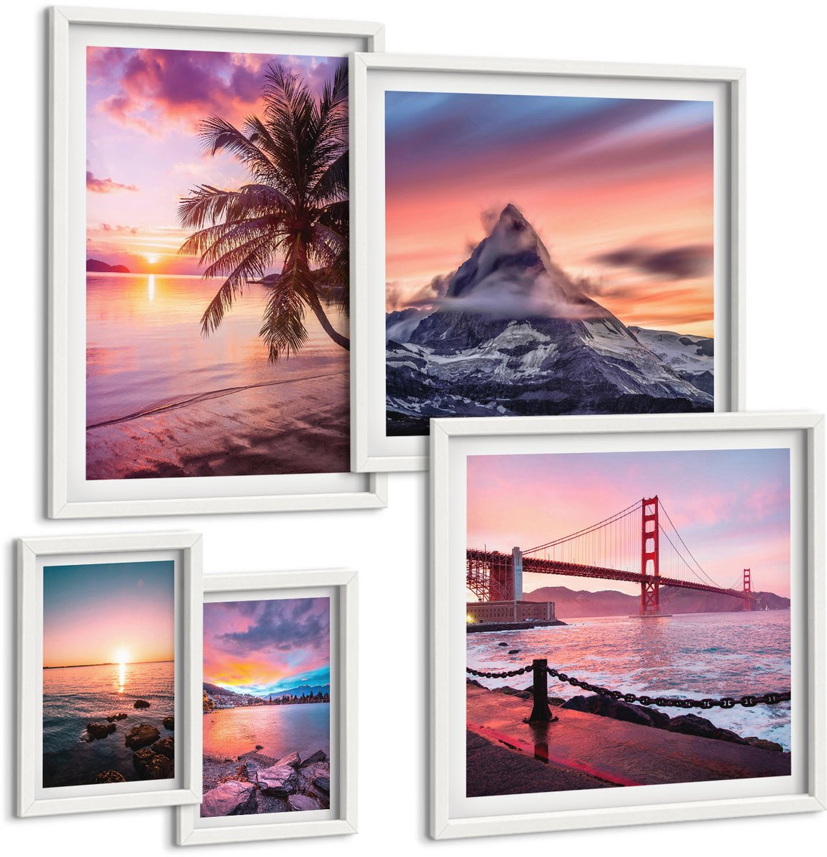 Wallfluent 5-Delige Schilderij Set - Kustlandschappen Met Palmbomen En Uitzicht Op De Bergen - 50 x 50 cm, 20 x 30 cm En 40 x 60 cm - Wanddecoratie - Schilderijen Set - Kantoor - Interieur Decoratie