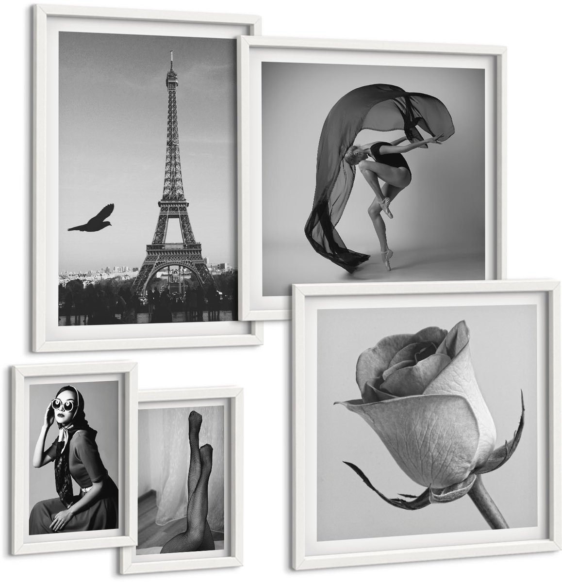 Wallfluent 5-Delige Schilderij Set - Stijlvolle Zwart-Witfoto'S Van Parijs En De Elegantie Van Vrouwen - 50 x 50 cm, 20 x 30 cm En 40 x 60 cm - Muurdecoratie - Wanddecoratie - Slaapkamer