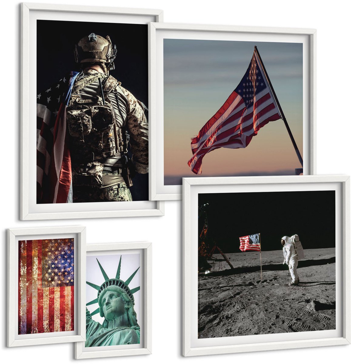 Wallfluent 5-Delige Schilderij Set - Geschiedenis En Ontdekkingen Van Amerikaanse Patriottische Symboliek - 50 x 50 cm, 20 x 30 cm En 40 x 60 cm - Muurdecoratie - Interieur Decoratie - Moderne Wanddecoratie