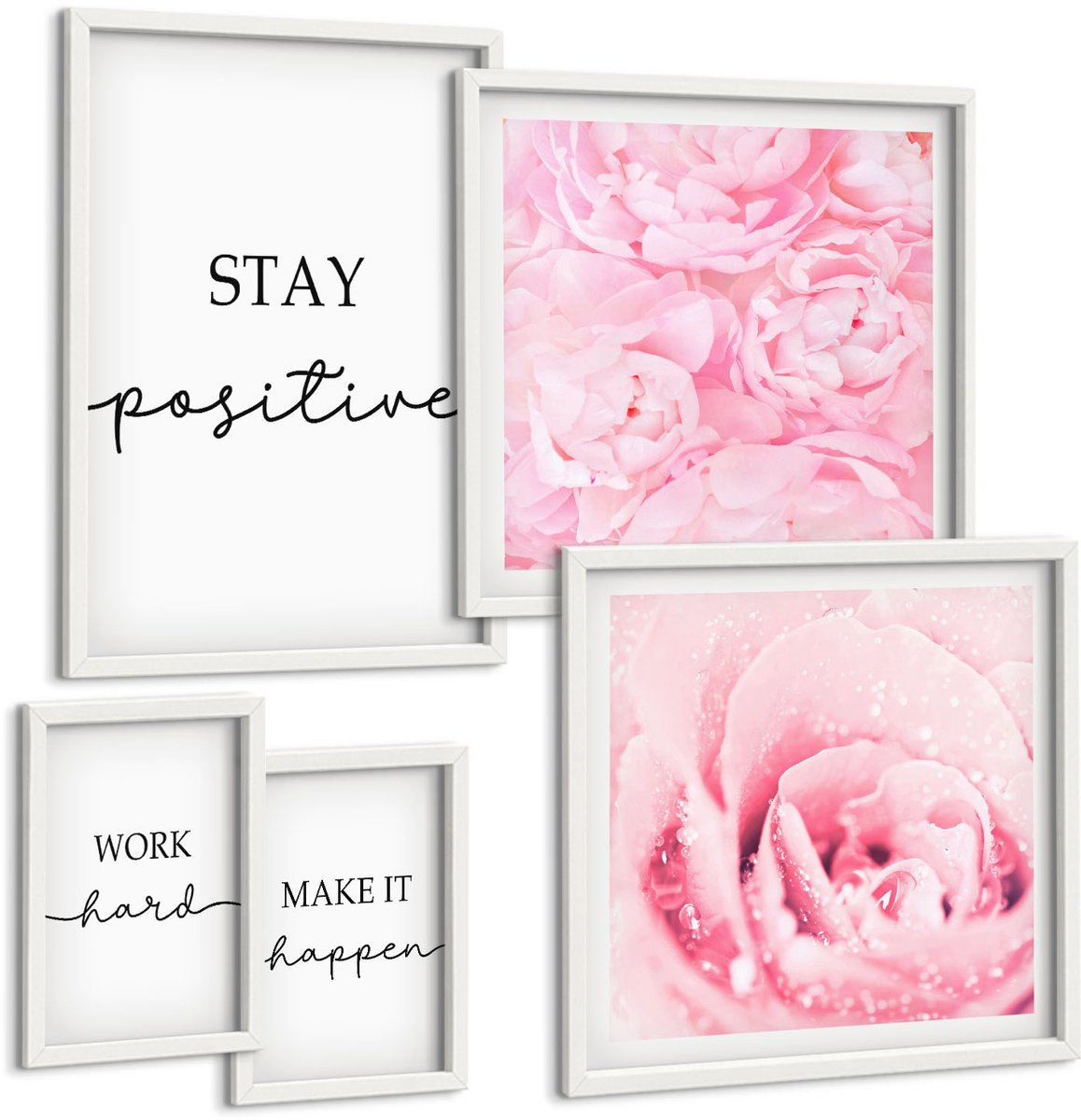 Wallfluent 5-Delige Schilderij Set - Motiverende Teksten Met Roze Bloemen Voor Interieurdecoratie - 50 x 50 cm, 20 x 30 cm En 40 x 60 cm - Moderne Wanddecoratie - Slaapkamer
