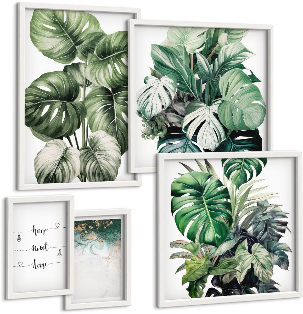 Wallfluent 5-Delige Schilderij Set - Planteninspiratie In Een Moderne En Minimalistische Stijl - 50 x 50 cm, 20 x 30 cm En 40 x 60 cm - Schilderijen Set - Wanddecoratie - Woonkamer - Stijlvolle Muurdecoratie