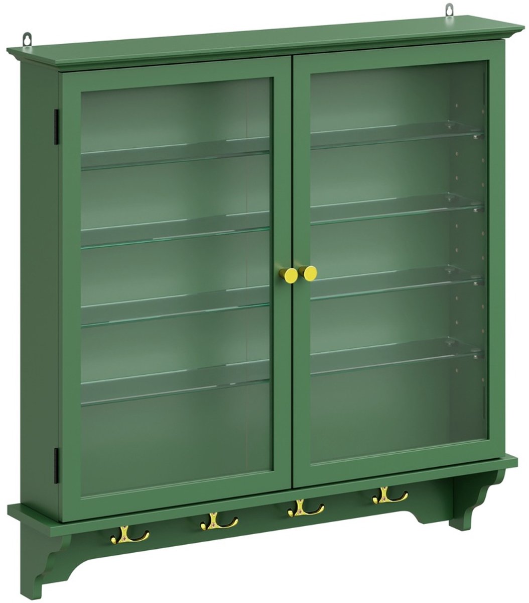SoBuy Wandkapstok met Hoedenplank - Wandkastje Hangend met Glasdeuren en Hanghaakjes - Wandkast met 4 Legplanken - Groen MDF, Muurbevestiging | FSB114-E-SY