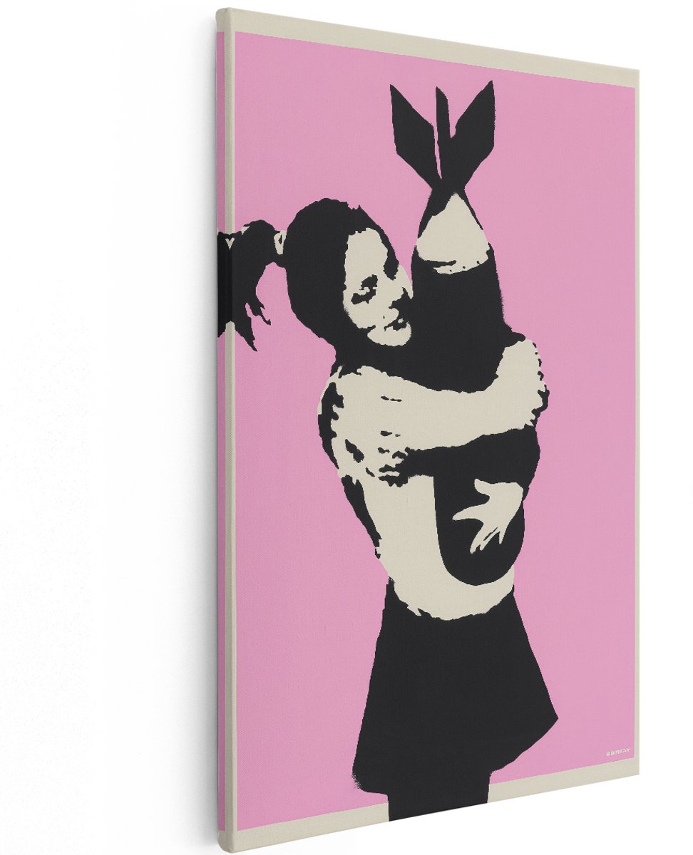 Artaza Canvas Schilderij Banksy Bomb Hugger - 120x180 cm - Groot - Wanddecoratie Graffiti - Muurdecoratie Street Art - Schilderijen Pop Art - Roze