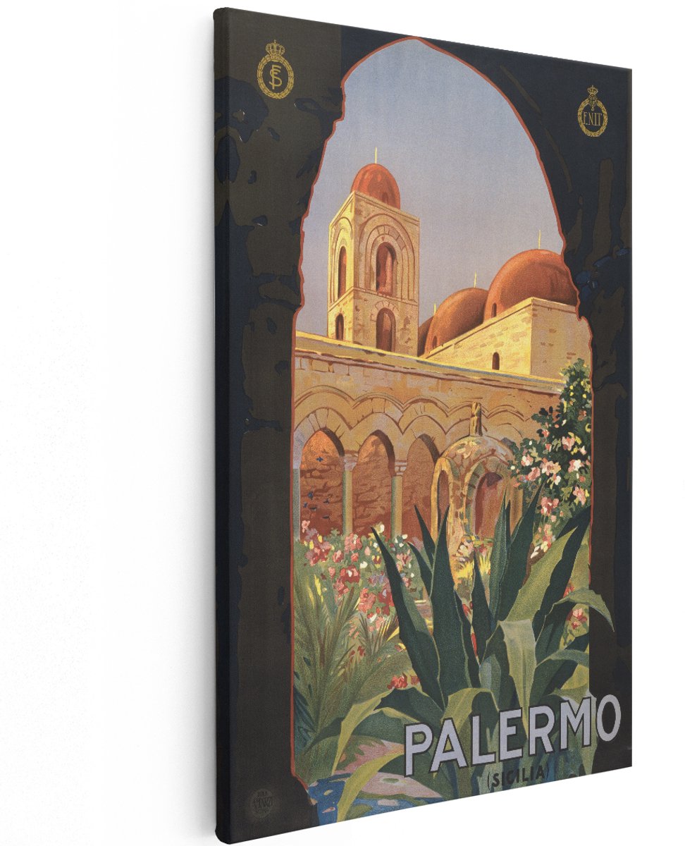 Artaza Canvas Schilderij Vintage Poster Palermo - 120x180 cm - Groot - Wanddecoratie Sicilië - Muurdecoratie Retro Reisposter - Decoratie Architectuur