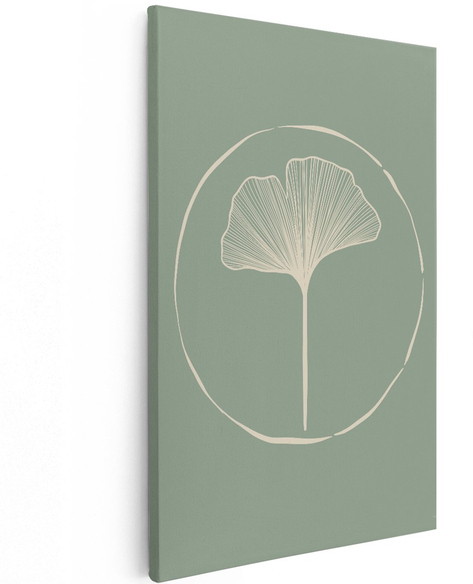 Artaza Canvas Schilderij Ginkgo Blad - 120x180 cm - Groot - Wanddecoratie Japandi - Muurdecoratie Botanisch - Decoratie Line Art Groen