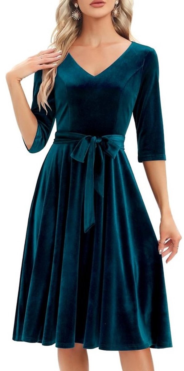 Vintage Midi Jurk voor Vrouwen met V-Hals en 3/4 Mouwen