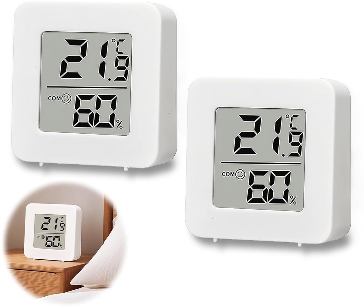 Digitale Mini Thermometer en Hygrometer voor Kinderen, Woonkamer en Kantoor - Set van 2, Wit, Ideaal voor Thuis en Kassen