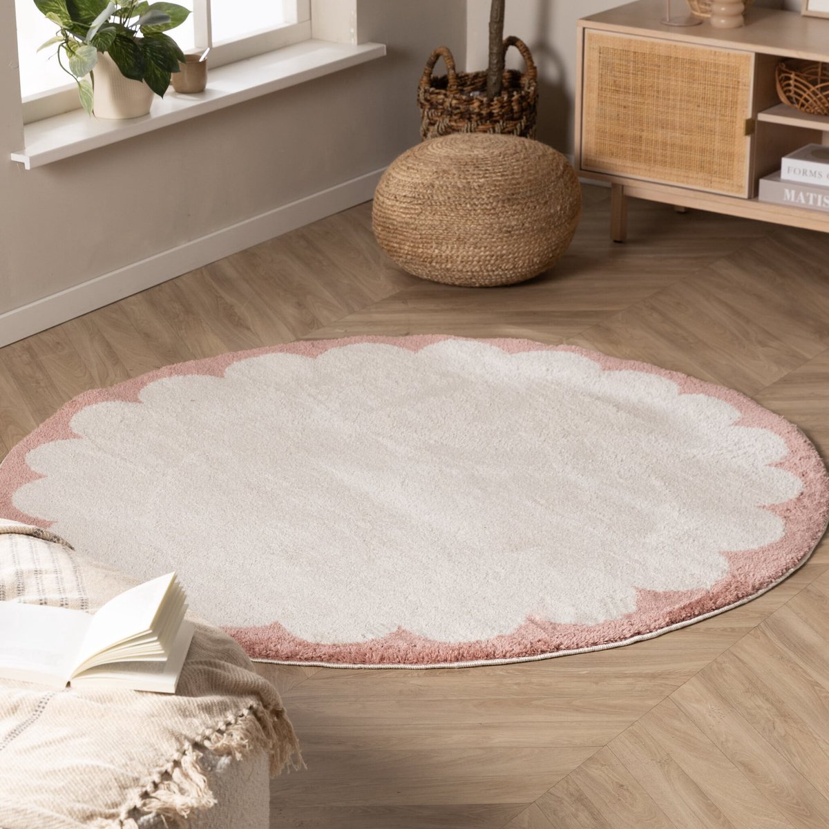 Fraai Rond wasbaar vloerkleed - Myrre Roze/Wit - Ø200 cm