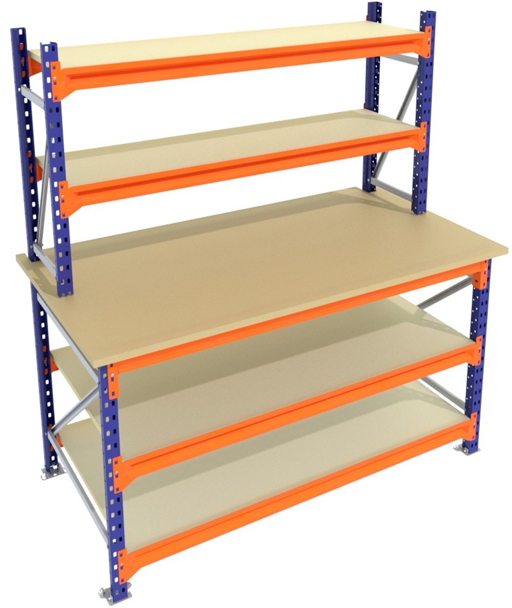 Werkbank of Inpaktafel vast Blauw 150centimeterx85centimeter - 3 niveaus (2 opbouw, multiplex)