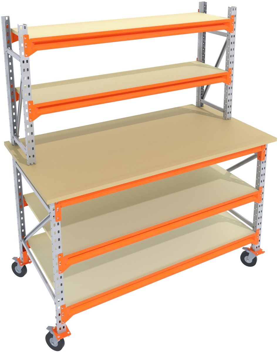 Werkbank of Inpaktafel op wielen GALVA 135cmx85cm - 3 niveaus (multiplex, 2 opbouw, zwarte wielen)
