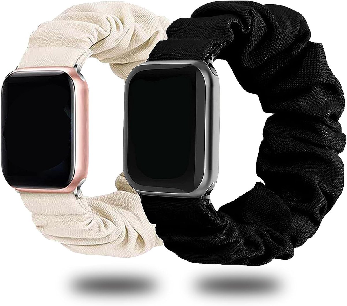 Set van 2 Elastische Bandjes voor Smartwatch - Scrunchies Stof Horlogebandjes 38mm 40mm 41mm, Geschikt voor Diverse Modellen, Zwart/Starlight, 2cm, Polyester