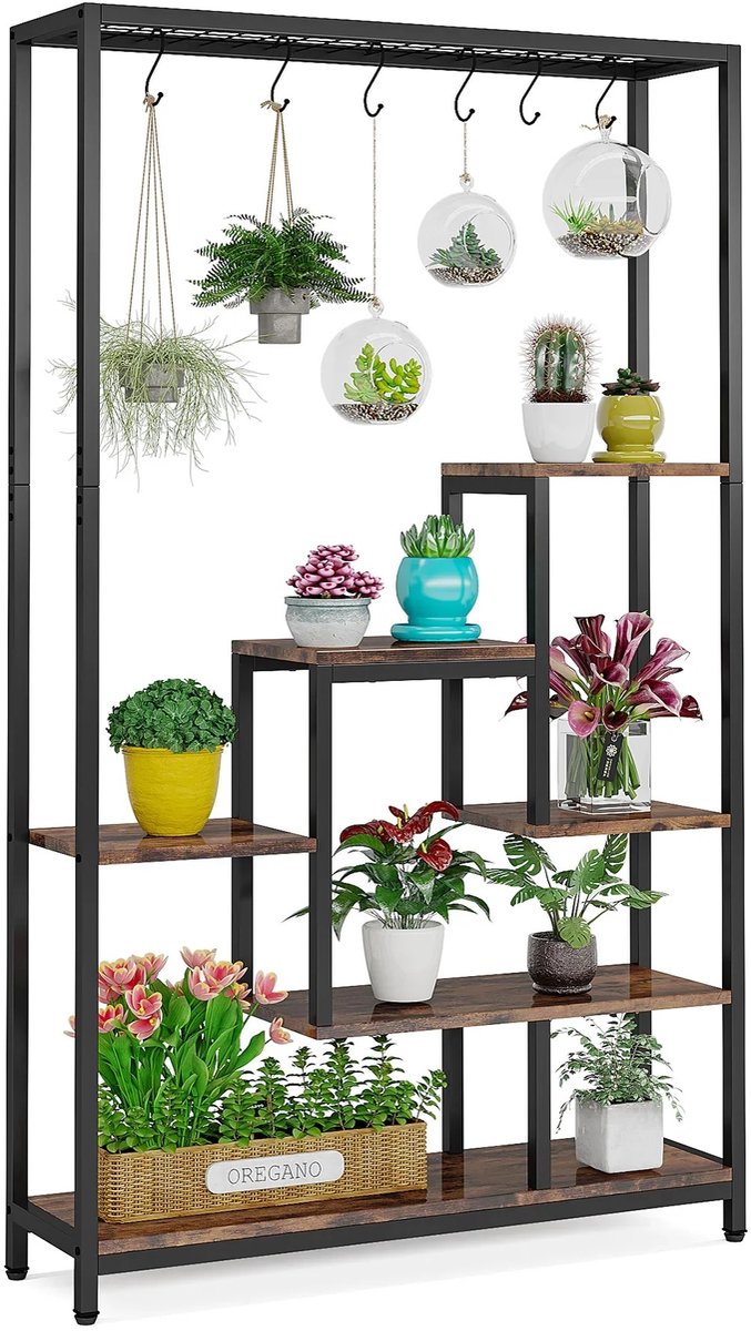 DailyDamaar plantenstandaard - Plantenrek - Plantensteun - Plantenhouder - 5-laags - Metaal - Houten panelen - 100x30x180 cm - Bruin