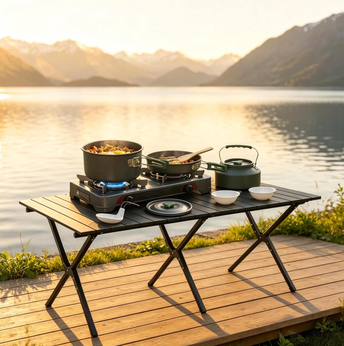 Campingkookset 11 Delig Compact Aluminium Grijs Groen Voor 2 Tot 3 Personen Met Anti Hittegrepen En Opbergtas Voor Buiten Koken