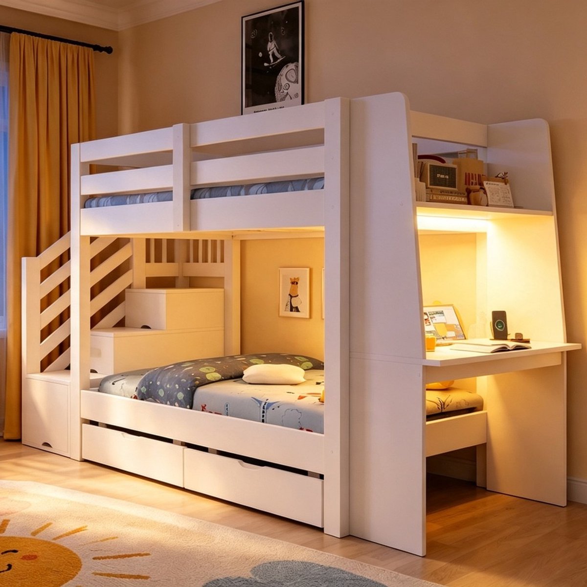 KOMHTOM Stapelbed voor kinderen, 90 x 200 cm, houten frame met ladder, geïntegreerd bureau, LED-lichtstrip, stopcontact en lades. Geschikt voor tieners en volwassenen. Wit