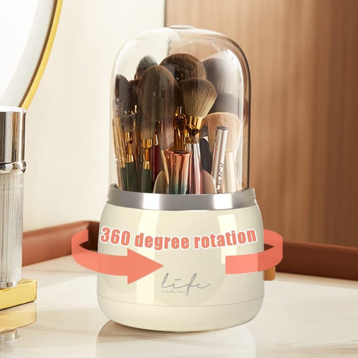 360° Rotatable Make-up Organizer met Deksel, Cosmetica Borstelhouder voor Badkamer en Slaapkamer, Perfecte Opbergdoos voor Make-up en Lippenstift