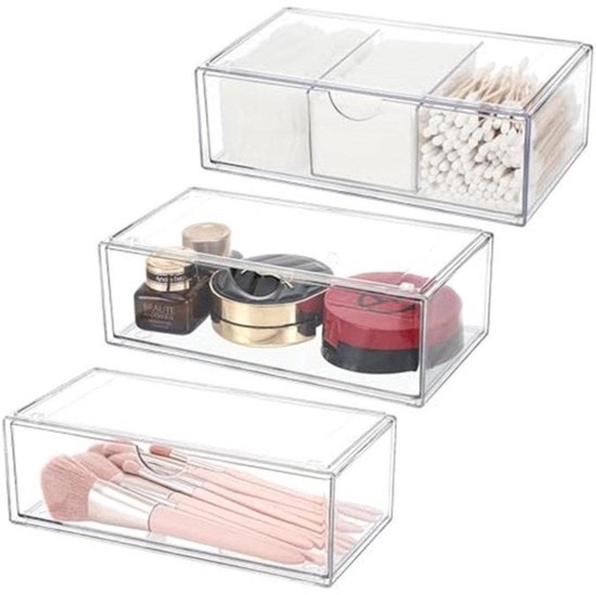 3-delige transparante cosmetica-organizer set voor badkamer en bureau