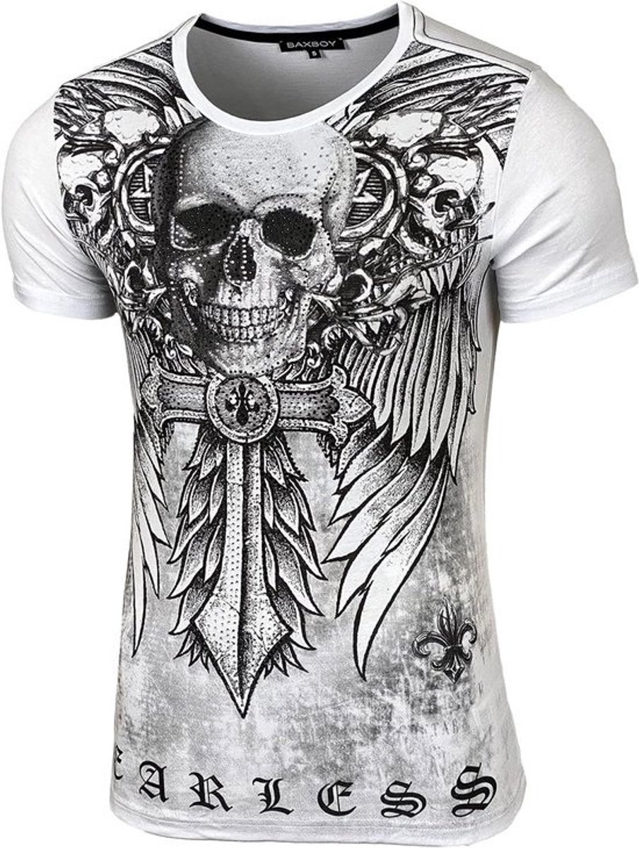 Heren T-Shirt met Vintage Schedelprint en Steentjes - Slim Fit Korte Mouwen