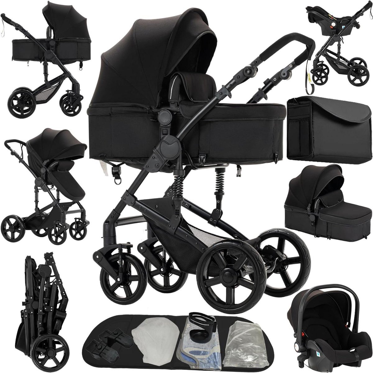 Kinderwagen 3-in-1 - Babywagen buggy - Onderweg met baby - Omkeerbare schuifmodi - Klik vouwontwerp - Zwart