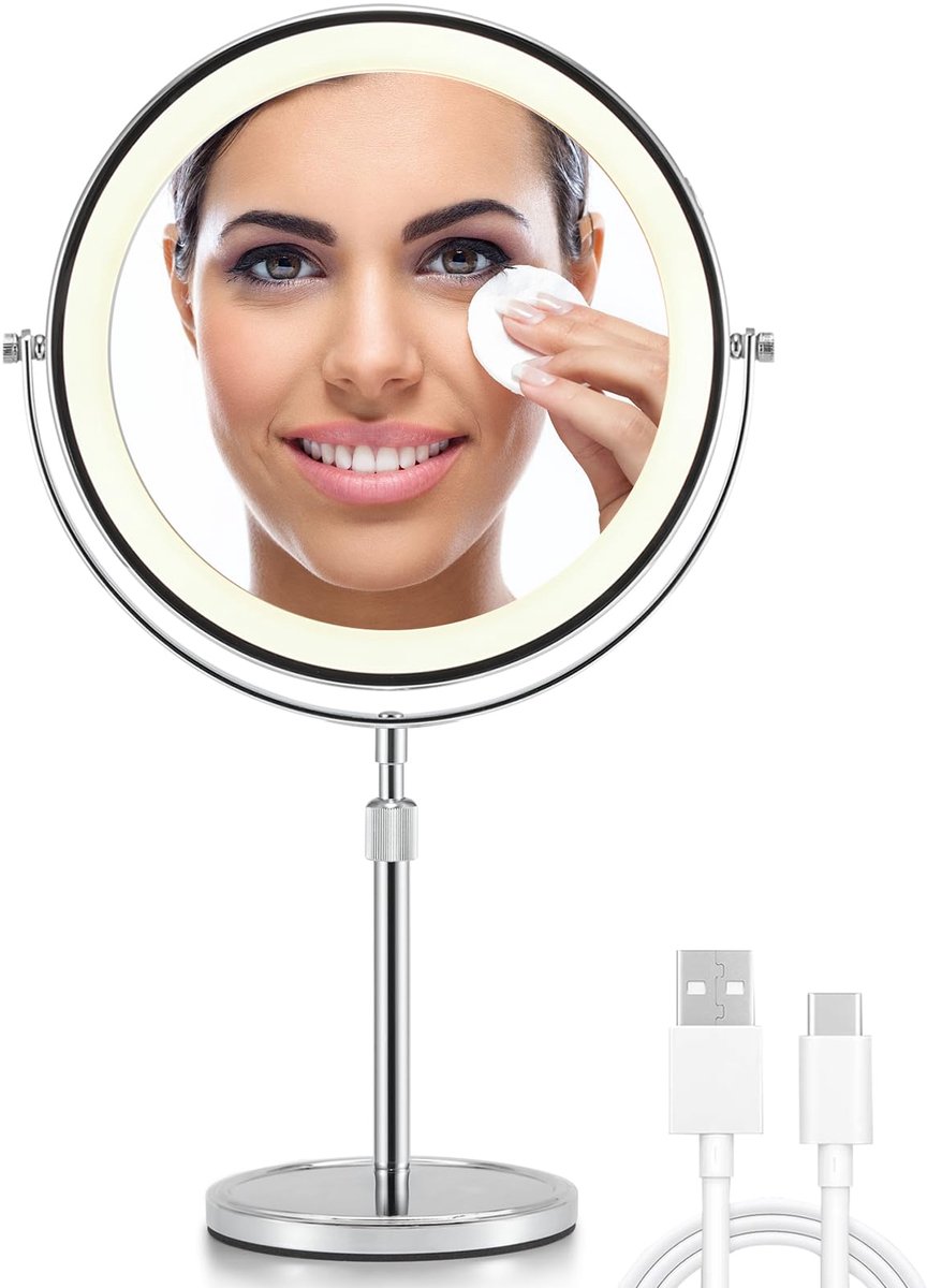 Vergrotende Make-up Spiegel met Verlichting - Dubbelzijdig Draaibaar met In Hoogte Verstelbare Standaard - Zilver 21 cm