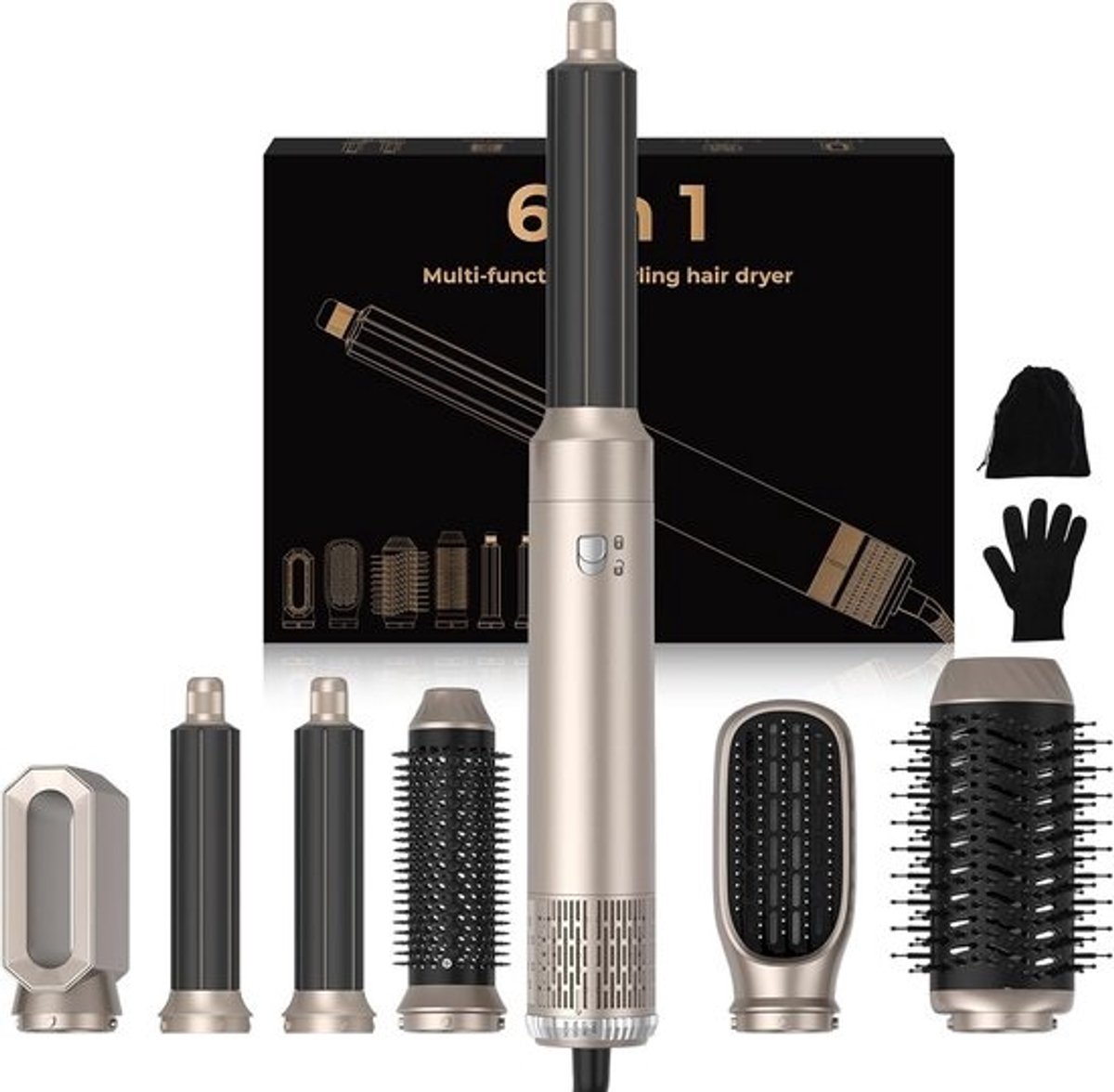 Föhnborstel Hair Dryer Brush 6 in 1, 1000w Haardroger Multi Air Styler, Air Curler Krultang,3 Temperatuurregelingen voor het Drogen, Krullen, Rechtmaken, Het Stylen van uw Haar