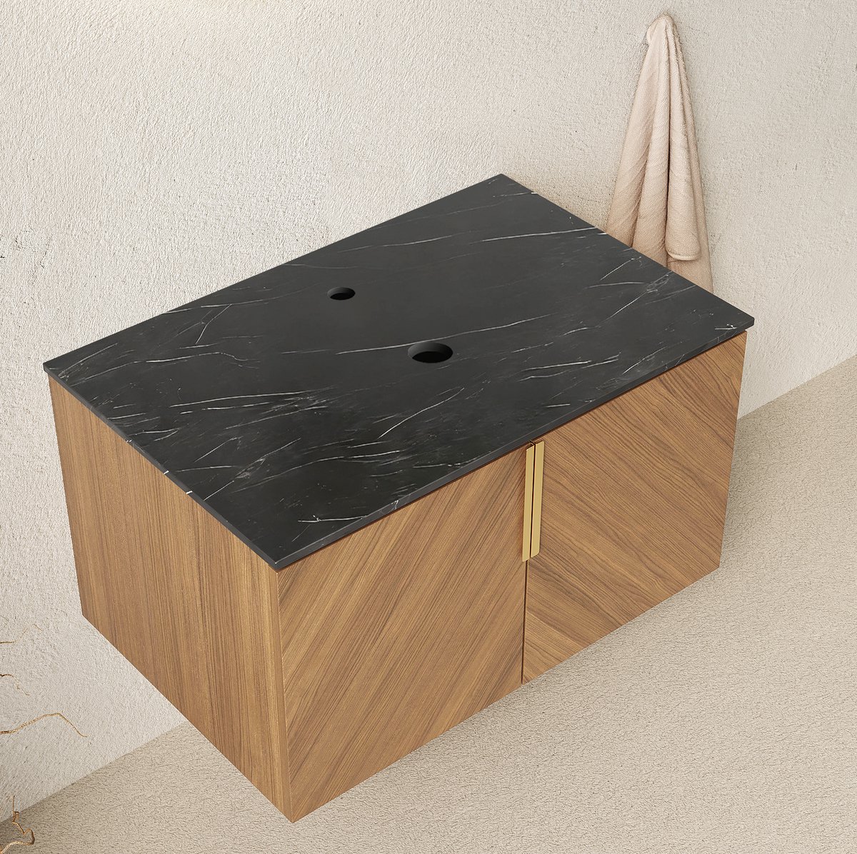 OKWISH Dressoir - Badkamerkast Met Werkblad Van Zwarte Steen - 76 x 50 x 43 cm - 2 Deuren - Houtlook Eiken En Zwart