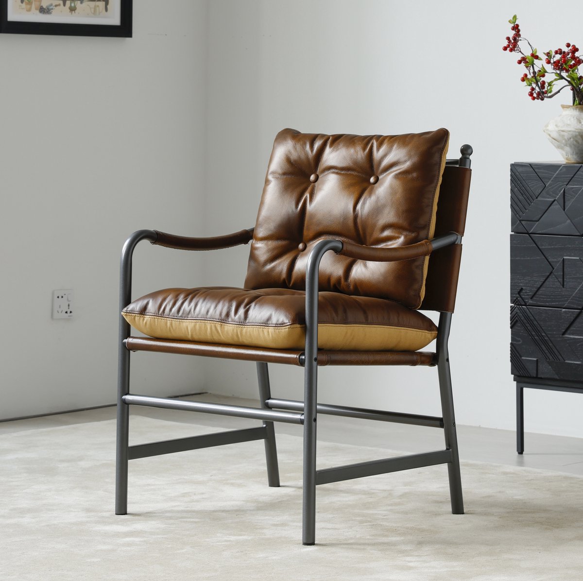 DESMIU Fauteuil - Mid Century Modern - Bruin Leer Met Armleuningen En Metalen Frame - Voor Woonkamer, Slaapkamer En Kantoor - Bruin Brown