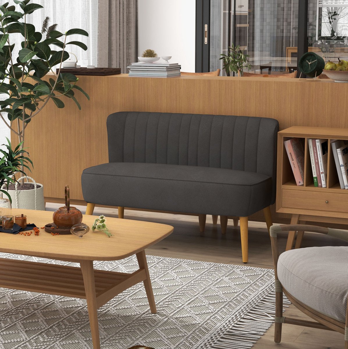 COVREO Zitbank 117 x 56,5 x 77 cm donkergrijs polyester - 2-zits - houten poten