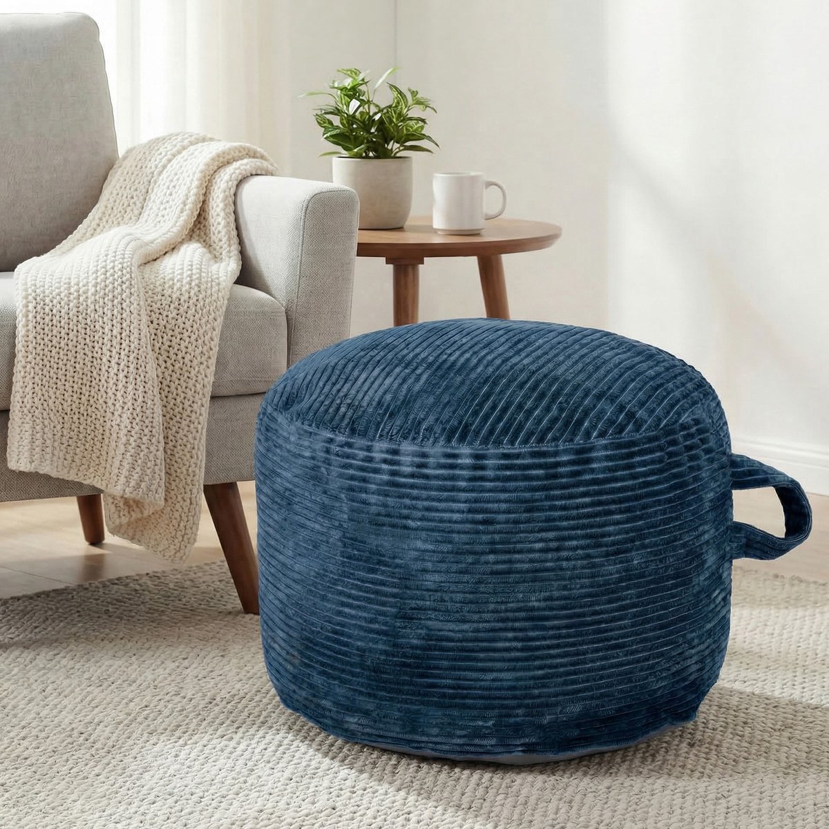 SHANNA Ronde Poef - Zachte Corduroy - Ø50×H45 cm - Zeeblauw - Afneembare ritshoes - Multifunctionele voetensteun