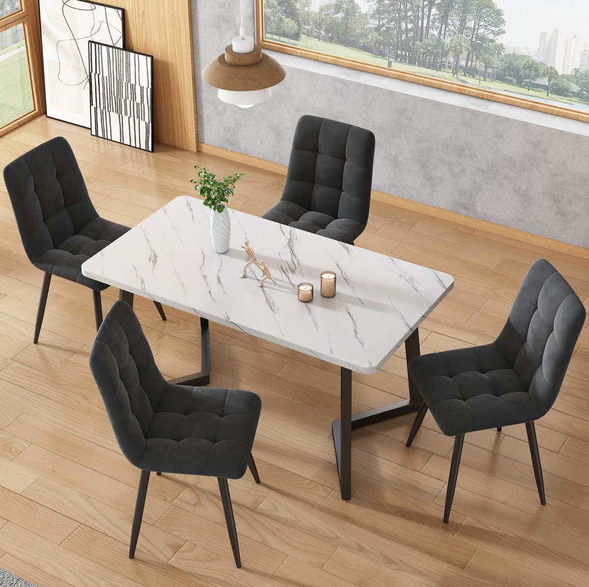 Wishdor Eettafelset - Met 4 stoelen - Rechthoekig en modern - Voor keuken en eetkamer woonkamer - MDF en metaal - Grijs - Fluwelen stoelen met zwarte poten