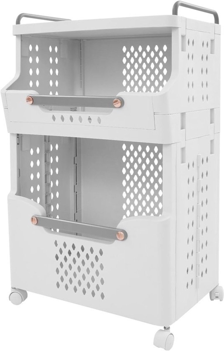 Opvouwbare wasmand - Waswagen met wieltjes - Sorteren en opbergen - Twee aparte vakken - 68cm hoog - Wit