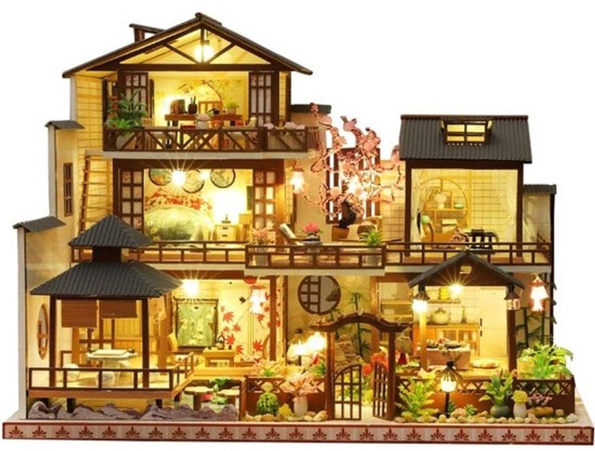 Houten Poppenhuis - Bouwpakket Villa - Creatief Bouwen - Gedetailleerd Sakura Tuin - 34 x 31 x 6 cm - Roze