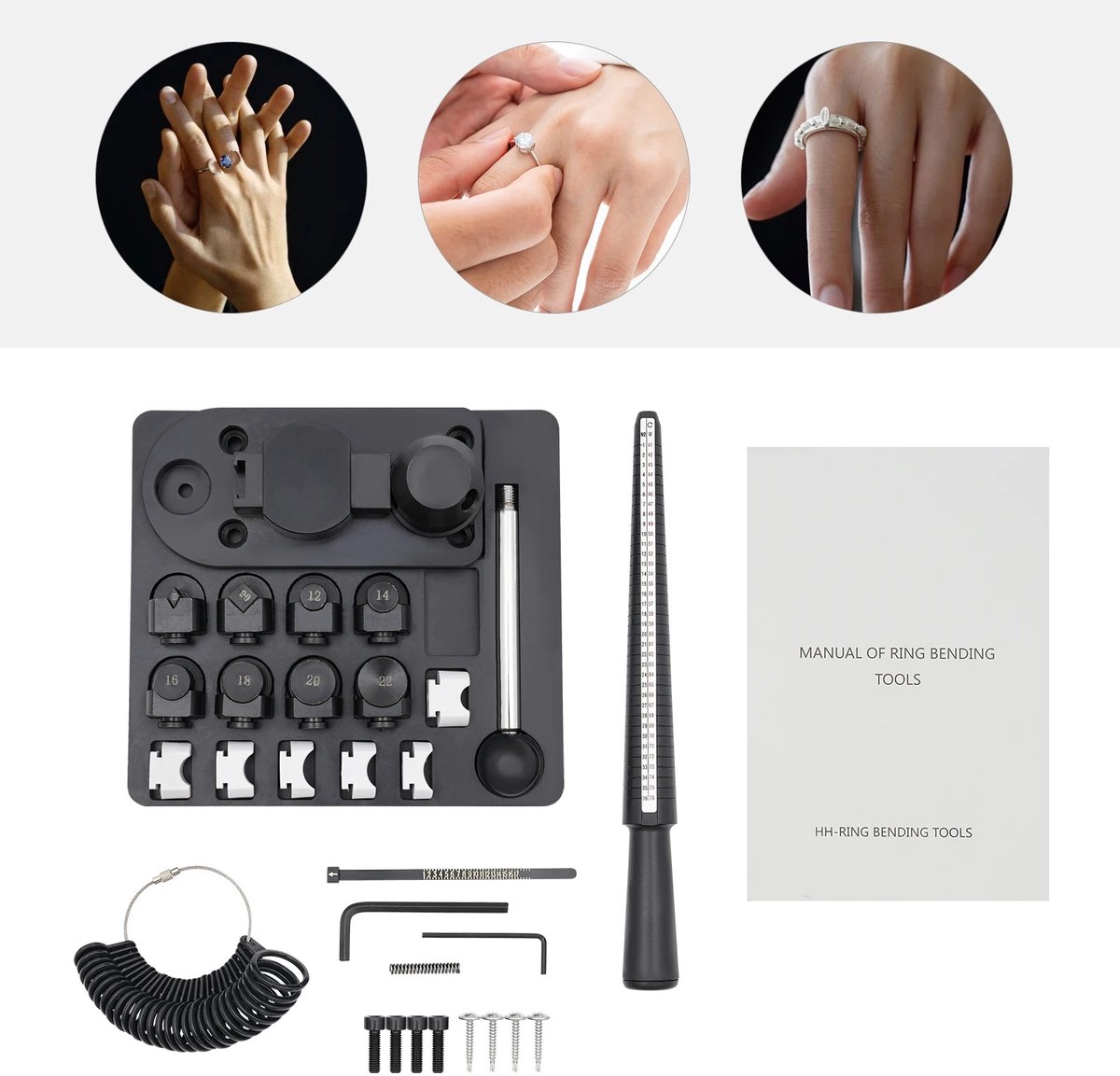 Cherrys Finds - Ringbuiger Metaal - Handmatige Ringbuiggereedschap - Gereedschap Voor Het Maken Van Ringen - Professionele Zilversmid Set met Nylon & IJzeren Matrijzen - Ringmaatmeter en Accessoires voor het Aanpassen van de Maat - Met Meetstaaf