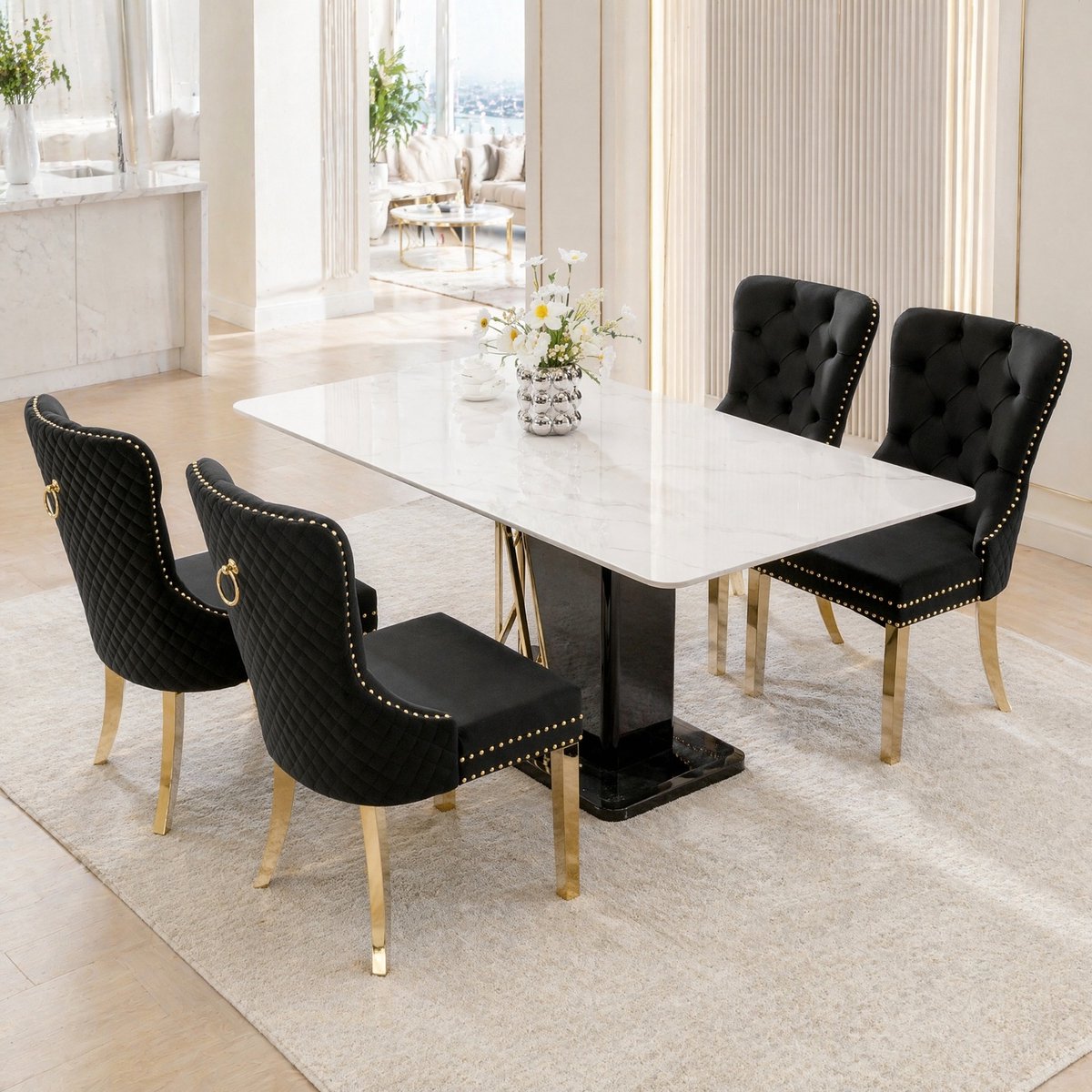 Wishdor Eetkamerstoel - Geknoopte rugleuning en nagelkopbeslag - Verguld RVS onderstel - Zwart velvet - Eetkamer keuken woonkamer - 50,5 x 45 x 95 cm