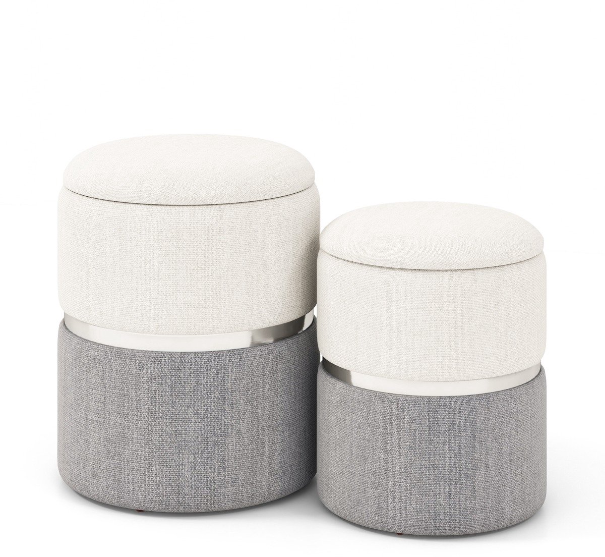 SureDeal® - Poef - Opbergpoefs Linnen Stof - Opbergruimte Gestoffeerde - Zilveren Roestvrijstalen Ring - 35,5x35,5x45 cm - Beige + Grijs