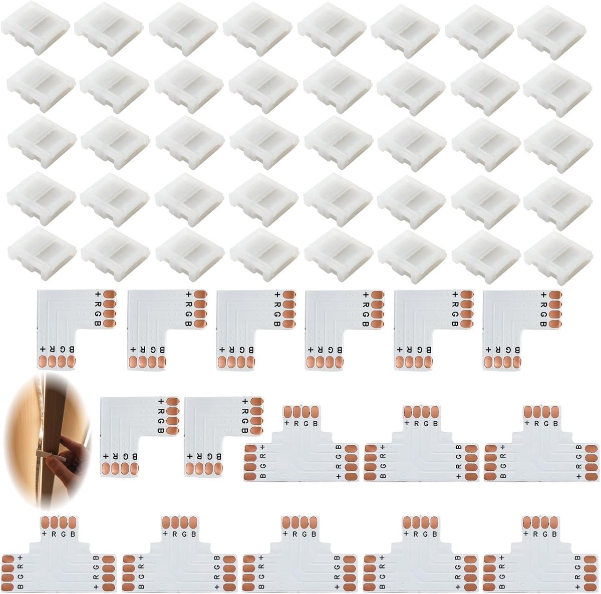 Set van 56 LED strip connectors - 4 pin 10 mm soldeervrije aansluitingen, rechte L-vorm en T-vorm adapters voor verlenging en verbinding van adresserbare LED strips, ideaal voor verlichting en decoratie