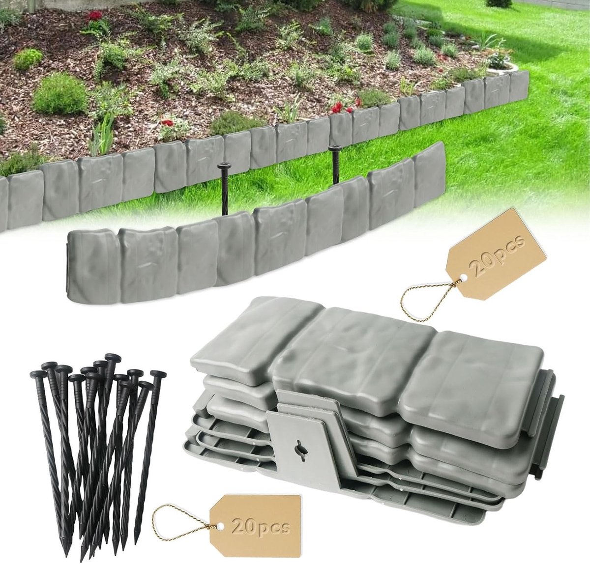 Flexibele 5 m Tuinrand van Plastic met Steeneffect, Ideaal voor Bloembedden en Tuinontwerp, Duurzame en Dikke Tuinfence voor een Strakke Afwerking