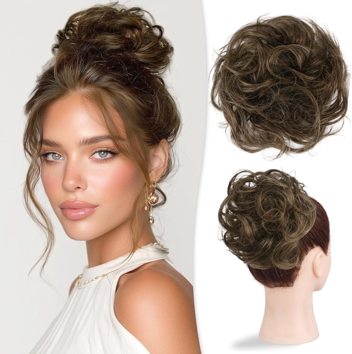 Natuurlijke Haar Bun voor Vrouwen - Krullend en Golvend Haarstukje - Elastische Updo Haaraccessoire, 32g, Bruin Gemengd