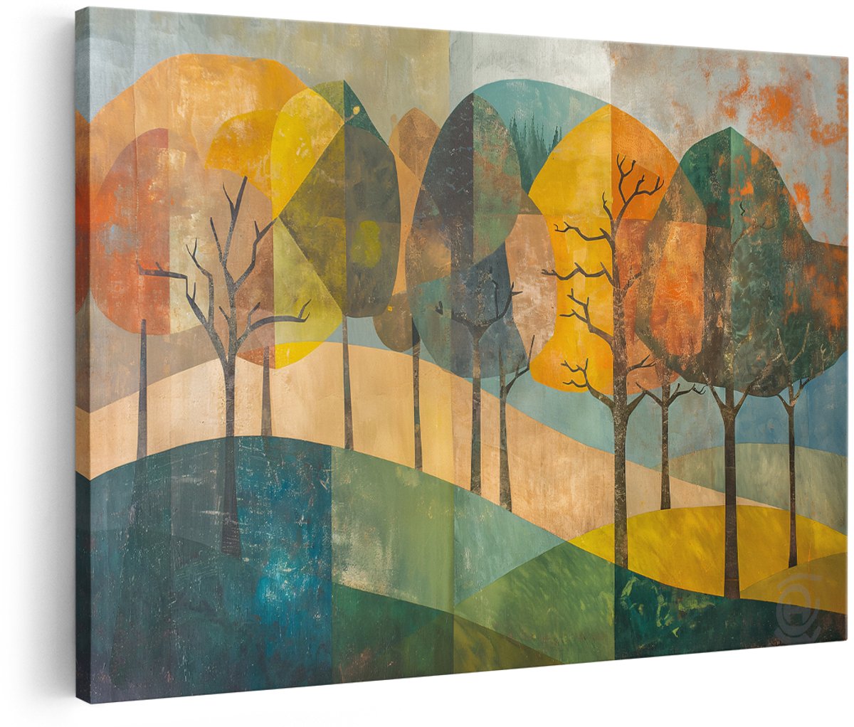 Artaza Canvas Schilderij Abstract Bos - 180x120 cm - Groot - Wanddecoratie Bomen - Muurdecoratie Landschap Herfst - Decoratie Geometrisch Kleurrijk