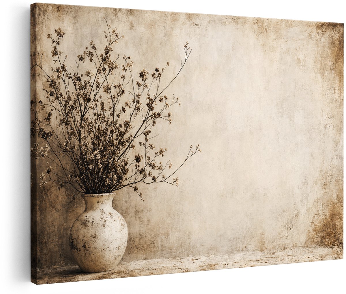 Artaza Canvas Schilderij Gedroogde Bloemen In Vaas - Beige Bruin Stilleven - 180x120 cm - Groot - Wanddecoratie Woonkamer - Schilderijen - Muurdecoratie
