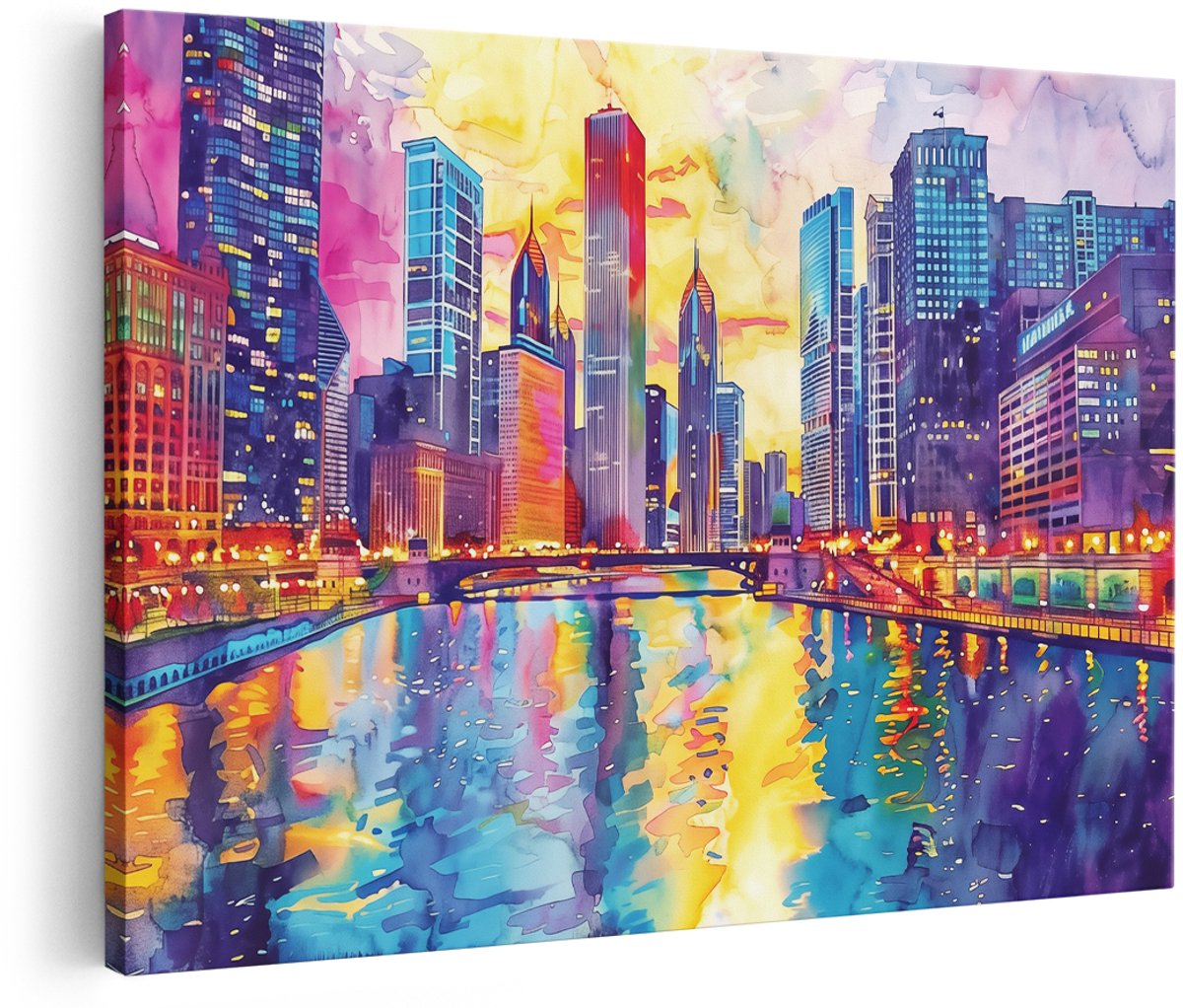 Artaza Canvas Schilderij Chicago Rivier bij Zonsondergang - 180x120 cm - Groot - Wanddecoratie Woonkamer - Schilderijen - Muurdecoratie
