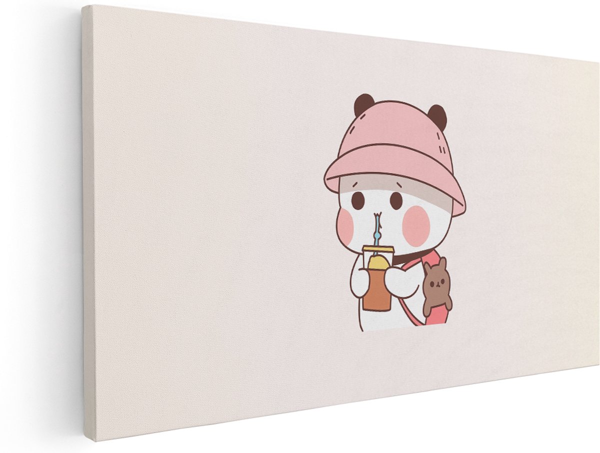 Artaza Canvas Schilderij Panda Met Hoed - 180x90 cm - Groot - Wanddecoratie Babykamer - Muurdecoratie Dieren - Decoratie Jongenskamer - Roze