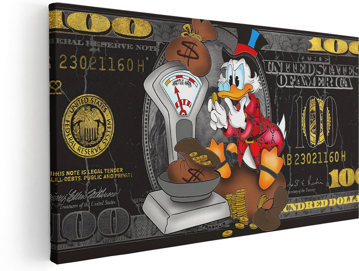 Artaza Canvas Schilderij Dagobert Duck Schilderij Geld - 180x90 cm - Groot - Wanddecoratie Goud - Muurdecoratie Disney - Schilderijen Op Canvas - Zwart Goud